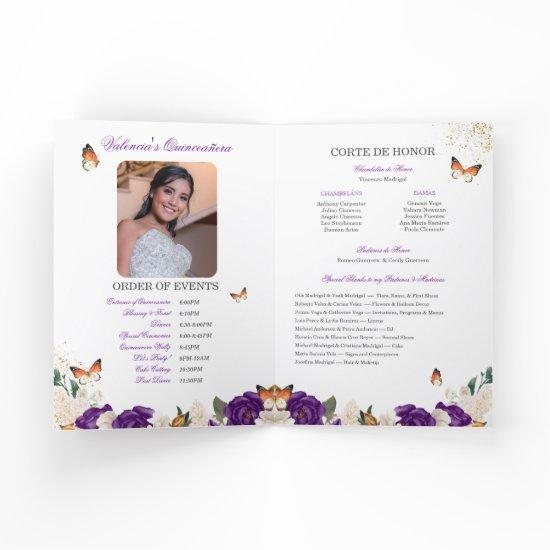 Purple Roses Gold Tiara Butterfly Quinceanera Program