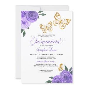 Purple Roses Golden Butterfly Quinceañera Birthday