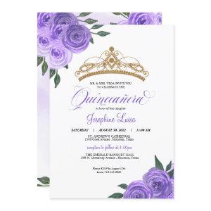 Purple Roses Golden Tiara Quinceañera Birthday Inv