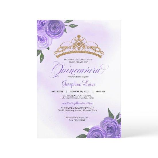Purple Roses Golden Tiara Quinceañera Birthday