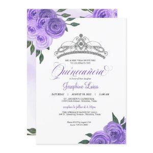 Purple Roses Silver Tiara Quinceañera Birthday Inv