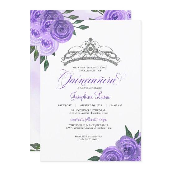Purple Roses Silver Tiara Quinceañera Birthday Inv