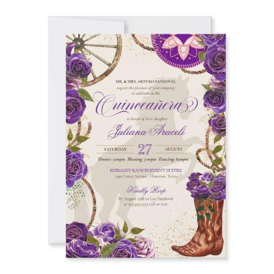 Purple Roses Western Boots Charro Quinceanera