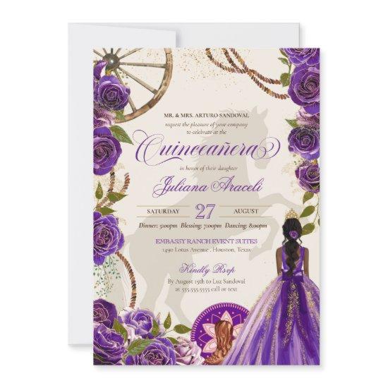 Purple Roses Western Ranch Charro Quinceanera Invi