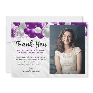 Purple Silver Balloon Glitter Photo Birthday Thank You Card