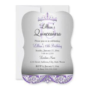 Purple Silver Damask & Tiara Quinceanera Invite