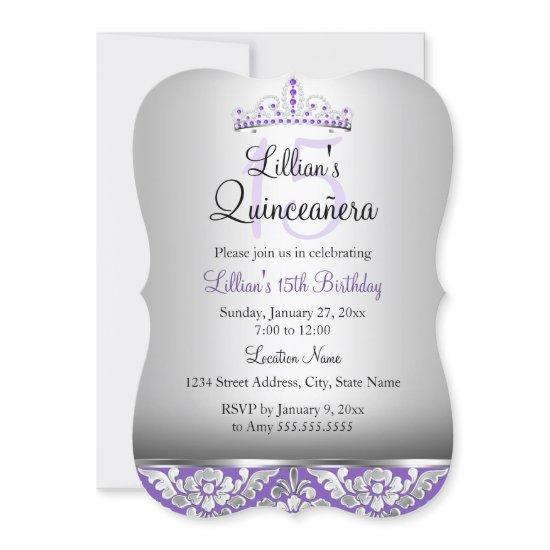 Purple Silver Damask & Tiara Quinceanera Invite