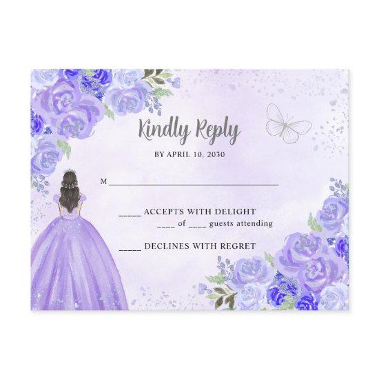Purple Silver Floral Princess Quinceañera RSVP Postcard