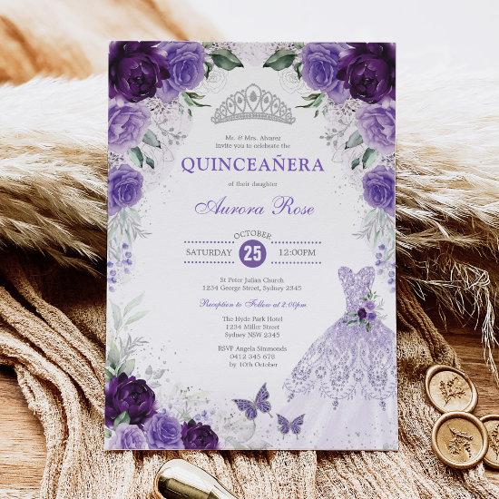 Purple Silver Floral Quinceañera Mis Quince Anos