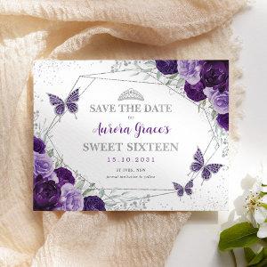 Purple Silver Floral Sweet Sixteen Save the Date Announcement