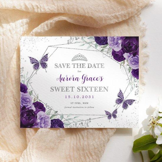Purple Silver Floral Sweet Sixteen Save the Date Announcement