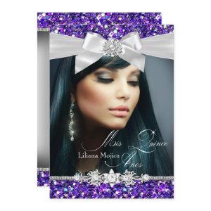 Purple Silver Glitter Bow Photo Quinceanera Invite