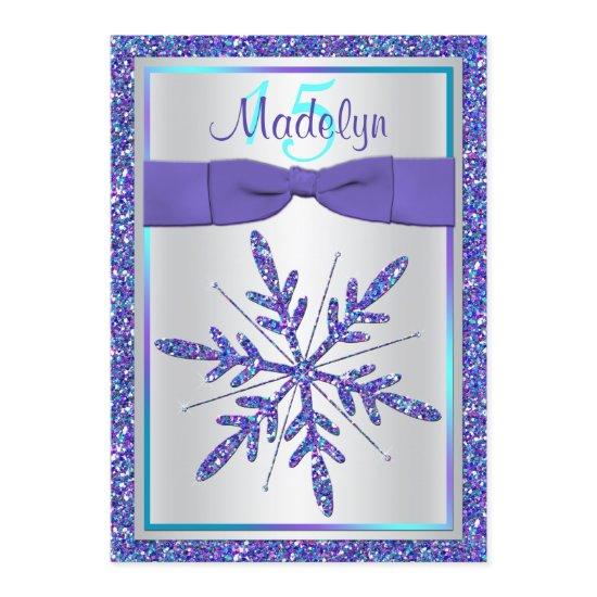 Purple Silver Glitter Snowflake Quinceanera Invite