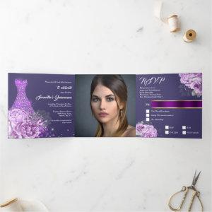 Purple silver rose floral PHOTO womans birthday Tri-Fold