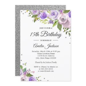 Purple Silver Sparkle Floral 15th Birthday Invite