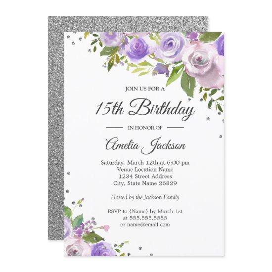 Purple Silver Sparkle Floral 15th Birthday Invite