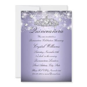 Purple Sparkle Tiara & Stars Quinceanera Invite
