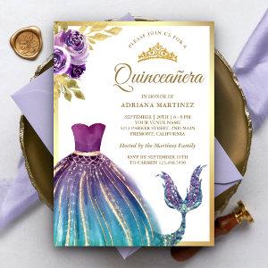 Purple Teal Dress Mermaid Tail Gold Quinceanera