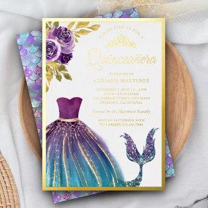 Purple Teal Dress Mermaid Tail Quinceanera Gold Foil