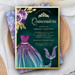 Purple Teal Mermaid Tail Dark Quinceanera Gold Foil