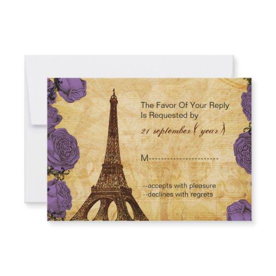 purple vintage eiffel tower wedding rsvp 3.5 x 5