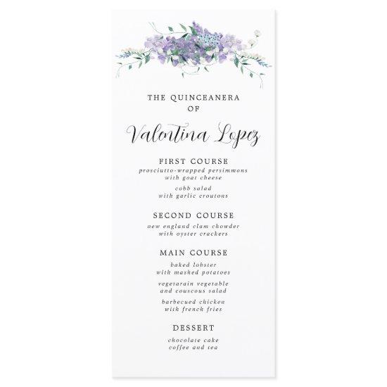 Purple Watercolor Floral Quinceanera Menu