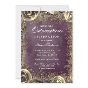 Purple Watercolor Gold Glitter Floral Quinceanera