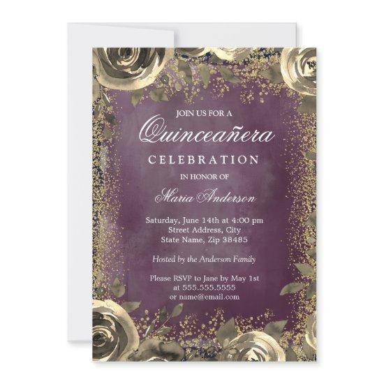 Purple Watercolor Gold Glitter Floral Quinceanera