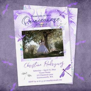 Purple Watercolor Orchid, Dragonfly Quinceanera Foil