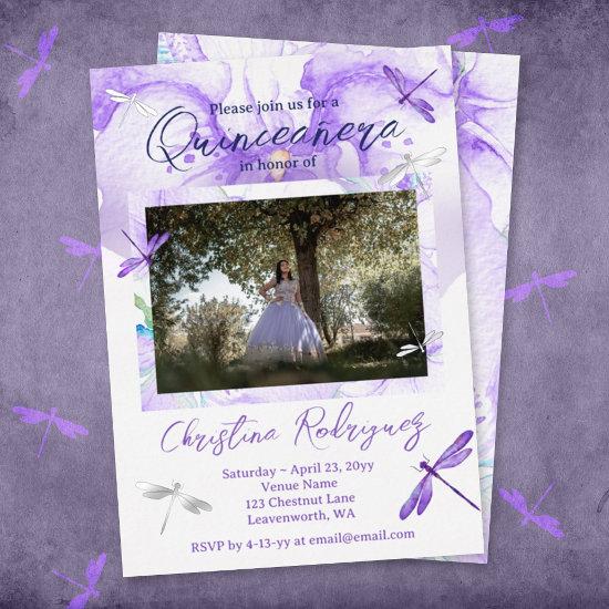 Purple Watercolor Orchid, Dragonfly Quinceanera Foil