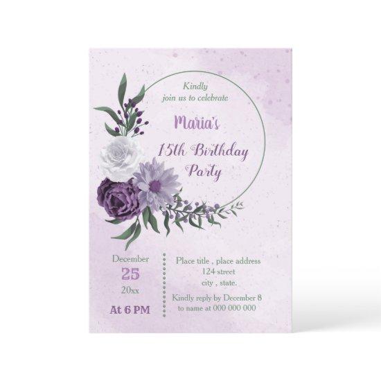 purple & white floral wreath birthday party