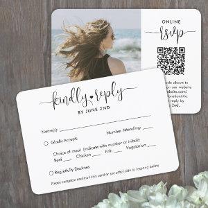 QR Code & Meal Options Trendy Modern Script Photo RSVP Card
