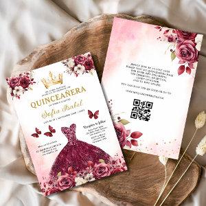 QR Code Quinceanera Floral Burgundy Princess