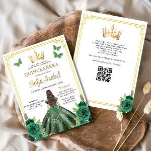 QR Code Quinceanera Floral Emerald Green Gold