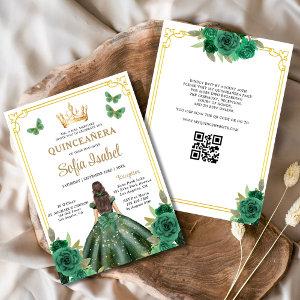 QR Code Quinceanera Floral Emerald Green Gold