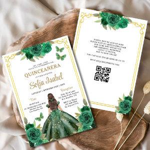 QR Code Quinceanera Floral Emerald Green Gold