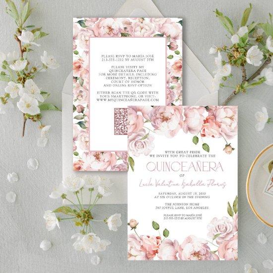 QR Elegant Blush Pink Floral Quinceanera