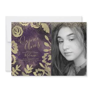 Quiñce Faux Glitter Purple Floral Gold Photo