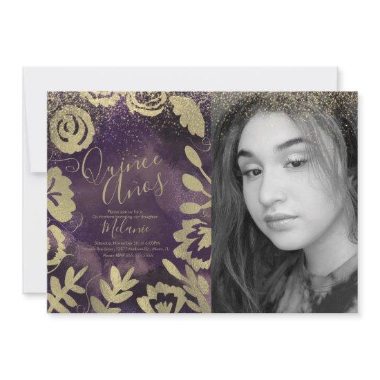 Quiñce Faux Glitter Purple Floral Gold Photo