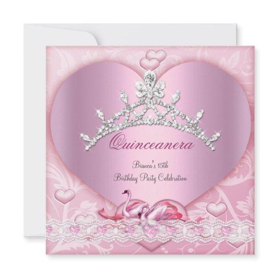 Quinceanera 15 15th White Pink Swans Tiara Heart