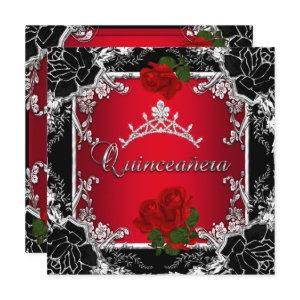 Quinceañera 15 Black Silver Tiara Red Rose Floral