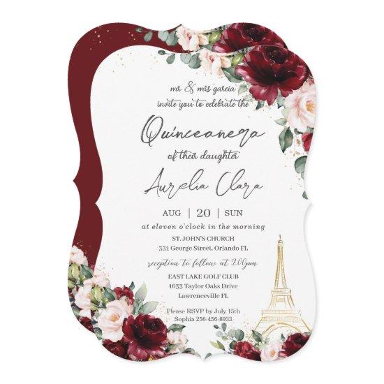 Quinceañera 15 Burgundy Blush Floral Eiffel Paris