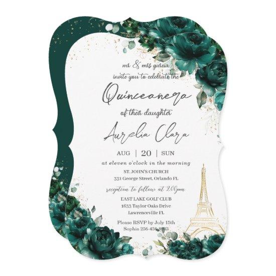 Quinceañera 15 Emerald Green Floral Eiffel Paris