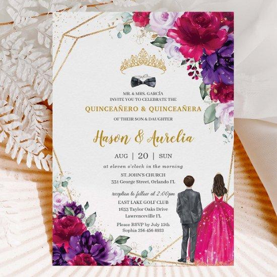 Quinceañera 15 Fuchsia Purple Lilac Floral Twins