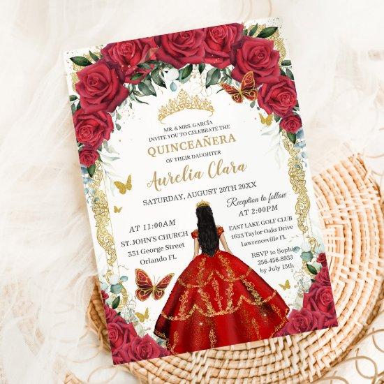 Quinceañera 15 Red Floral Vintage Gold Black Hair