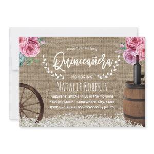 Quinceanera 15 Rustic Burlap Wine Barrel Floral