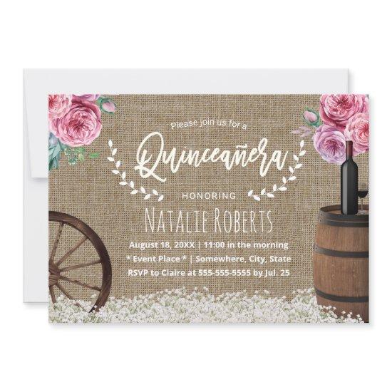 Quinceanera 15 Rustic Burlap Wine Barrel Floral