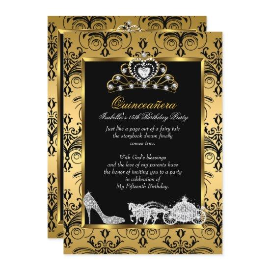 Quinceanera 15th Birthday Black Gold Damask
