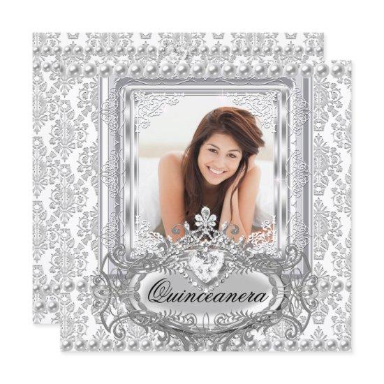Quinceanera 15th Birthday Damask Silver White