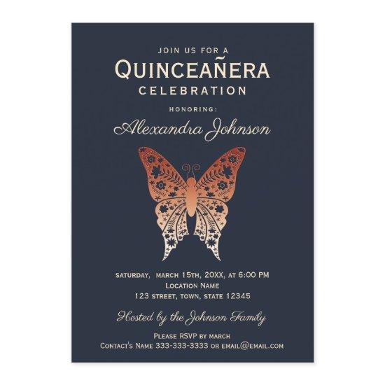 Quinceanera 15th Birthday Navy and Rose Gold